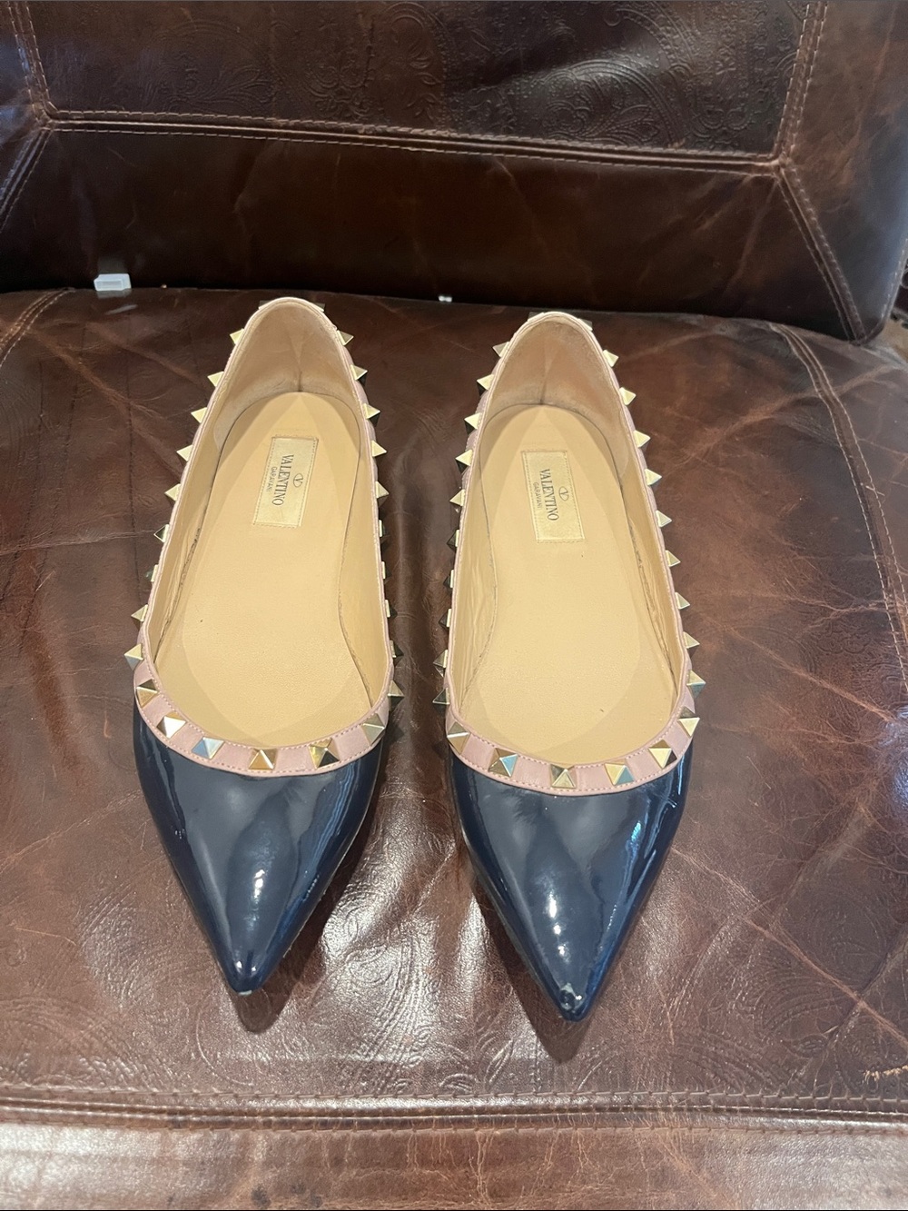 Valentino Navy Patent Pointed Toe Rockstud Flats